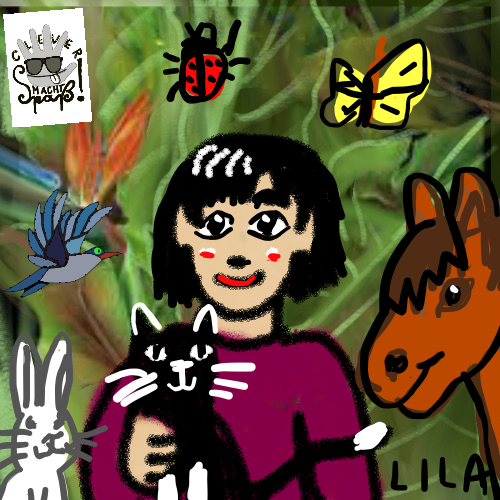 Das ist Lilas Selbstporträt mit Tieren, gemalt nach Frida Kahlo