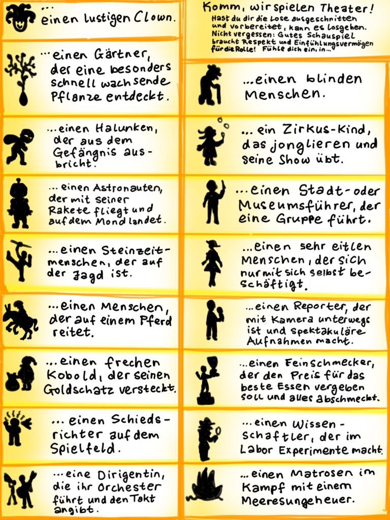 Loszettel zum Ausschneiden für theaterpädagogische Rollenspiele und Pantomime 2