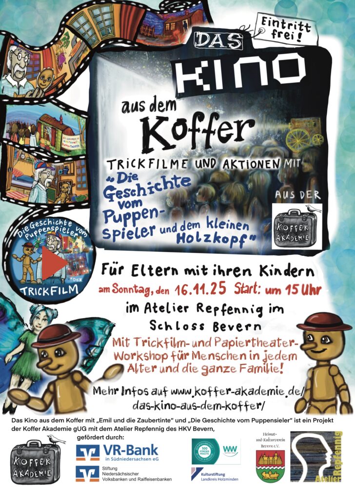 Trickfilm Kino im Atelier Repfennig mit der Geschichte vom Puppenspieler und Aktionen aus der Koffer Akademie